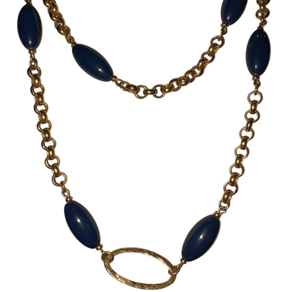 Monet Gold Chain Necklace with Navy Blue Oval Beads & Textured Links J13 - Picture 3 of 4